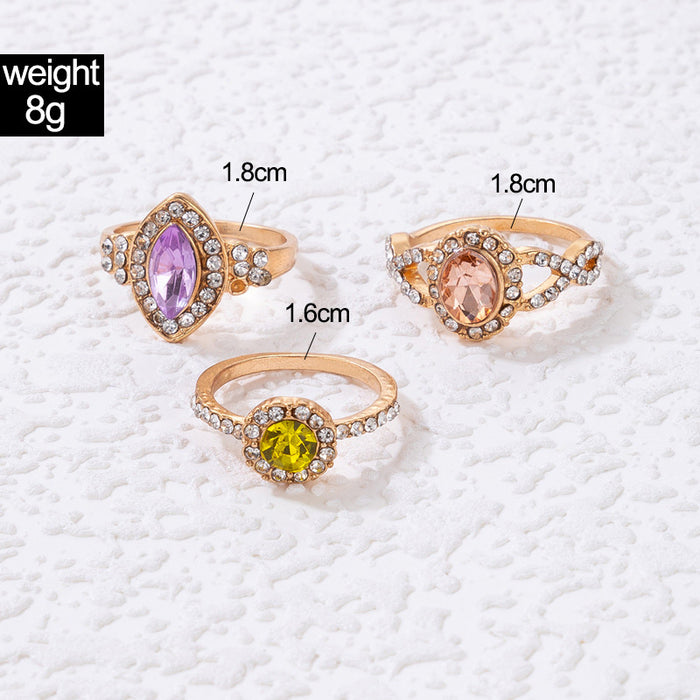 Colorful diamond ring three-piece set geometric full diamond light luxury combination