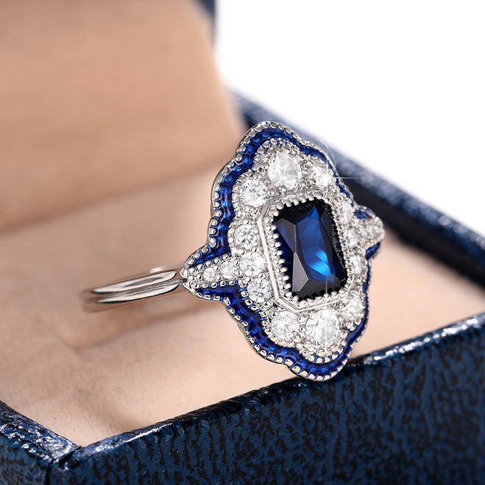 Peacock blue oil drop ring hollow lace thin circle women's ring