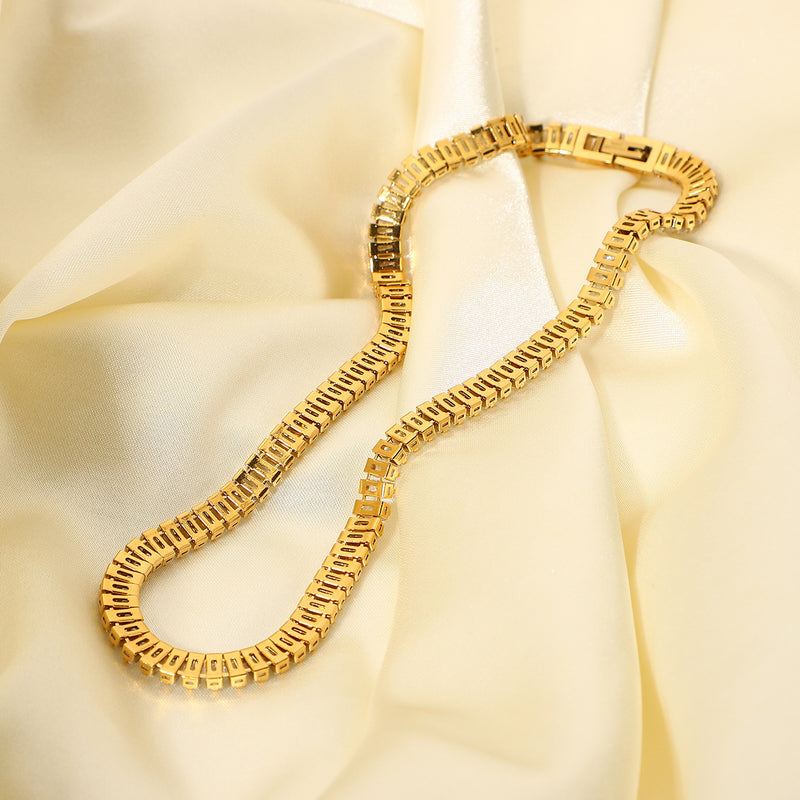 Trendy 6mm Wide Necklace - 18K Gold-Plated Stainless Steel with Square Cubic Zirconia Pendant - wallojewerly 