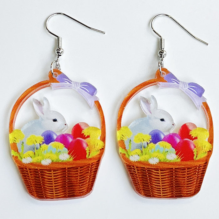 Easter Earrings with Bunny, Flower Basket, and Colorful Egg Designs