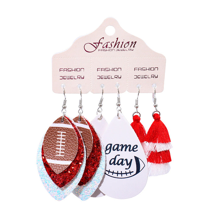 PU Leather Earring Set for Christmas with Football and Cheerleader Tassels