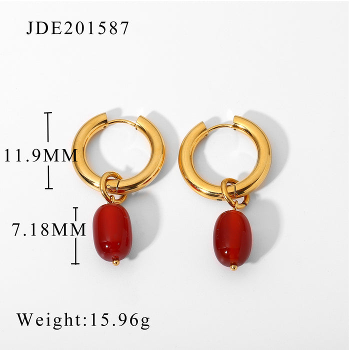 Trending Jewelry Double-Layer Gold Plated Red Stone Pendant Stainless Steel Earrings - Popular Design for Women