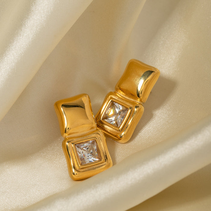 18K Gold Plated Stainless Steel Zircon Square Earrings - Trendy Design for 2023