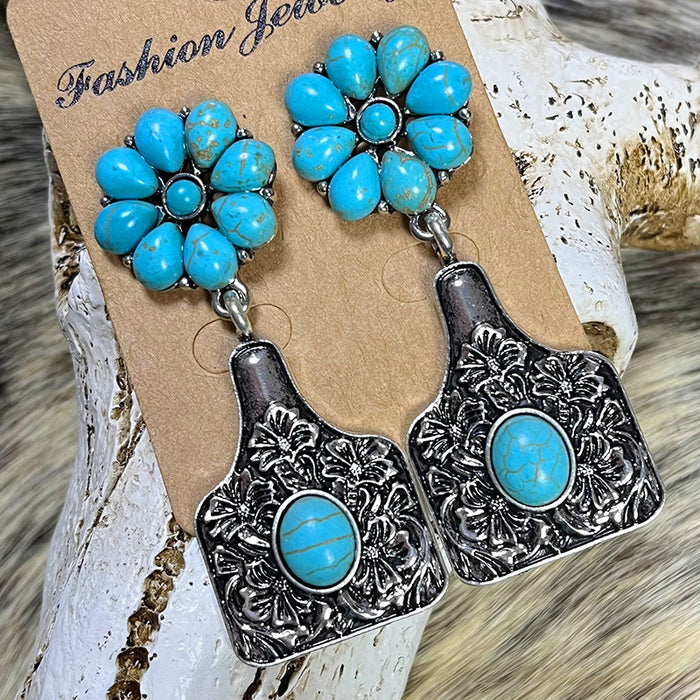 Vintage Ethnic Turquoise Flower Earrings with Bull Tag and Alloy Design