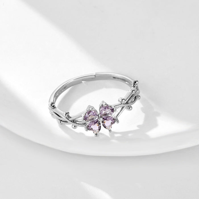 Wholesale purple-pink zircon four-leaf clover flower rings
