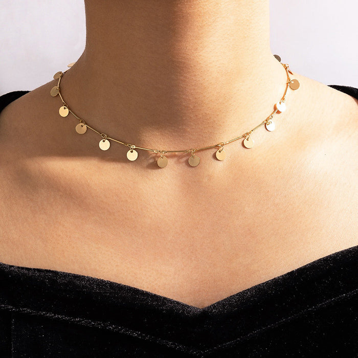 Metal Electroplated Small Round Disc Single Layer Necklace with Geometric Clavicle Chain