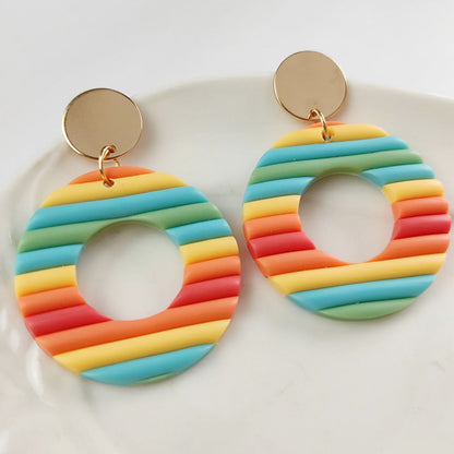 Handmade Rainbow Stripe Clay Earrings - Multicolor Geometric Hoop Design