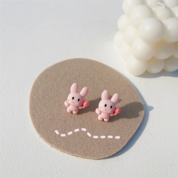 Cartoon rabbit bear earrings S925 silver needle soft cute earrings