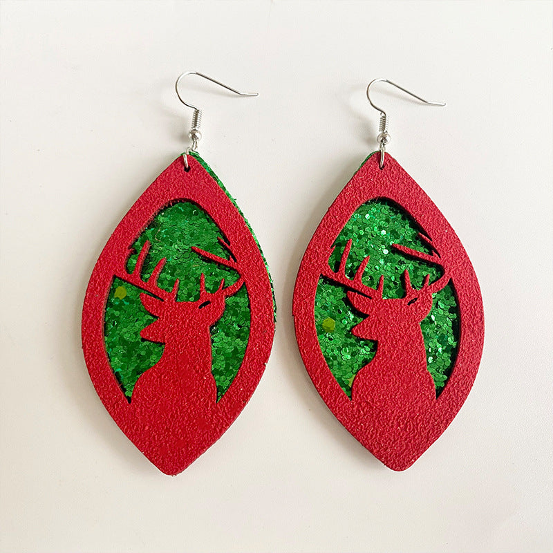 Christmas Teardrop Double-Layer Glitter Leather Earrings with Snowman and Reindeer