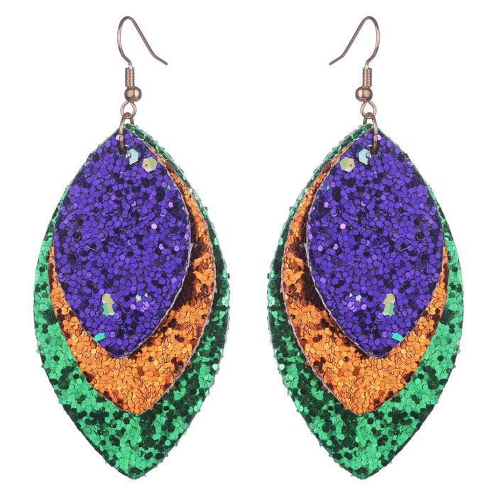 Halloween Glitter Leather Leaf Earrings with Geometric Design