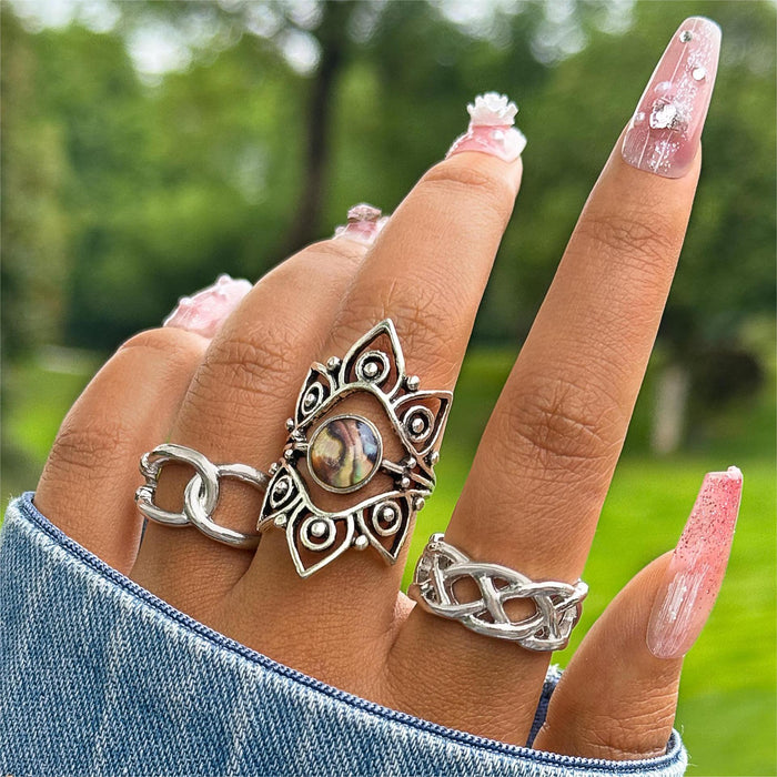 Retro style twisted chain ring, hollow geometric rhinestone three-piece set