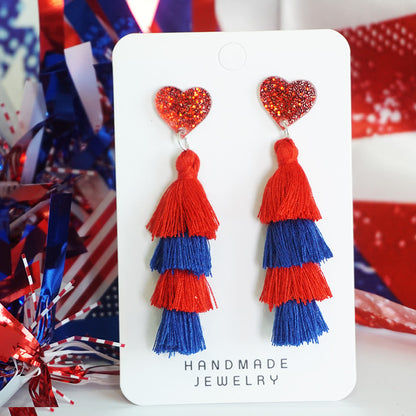 Independence Day Multi-Layer Tassel Heart Earrings with Cheerleader Design