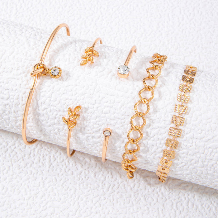 Luxe Rhinestone Gemstone Leaf Bracelet Set with Adjustable Chain - Five Pieces