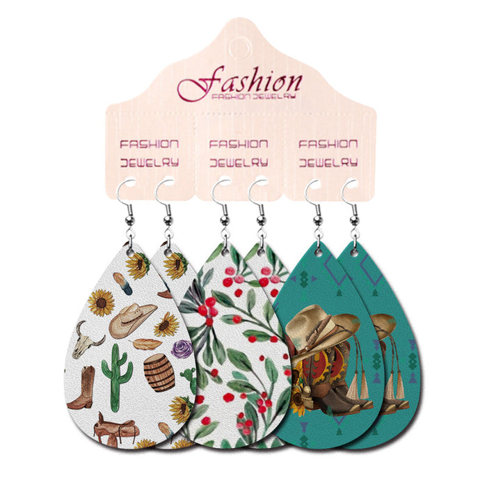 Western Printed Leather Earring Set with Geometric Shapes and Vintage Design