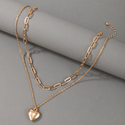 Heavy Metal Alloy Heart Double Layer Necklace with Geometric Chain Multi-Layer Clavicle Design