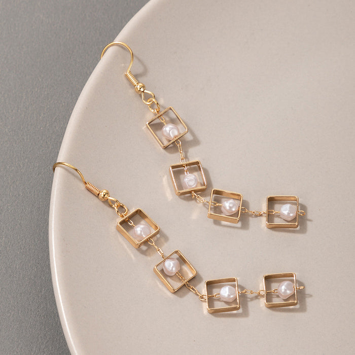 Square pearl long ladies simple earrings