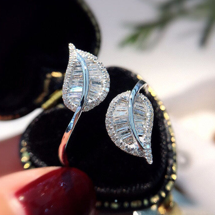 Leaf-shaped open ring, fully inlaid with zircon leaf ring, cross-border hot-selling jewelry