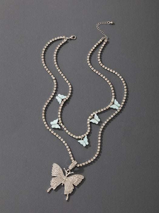 Diamond Butterfly Double Layer Necklace with Imitation Mother of Pearl Multi-Layer Design