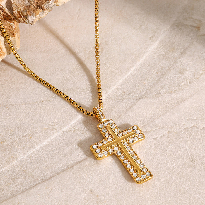 Zircon cross pendant necklace, European and American stainless steel niche design ins style