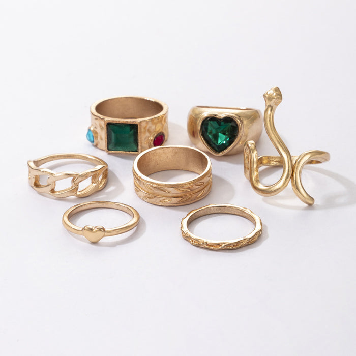 Snake-shaped heart imitation emerald diamond seven-piece ring set