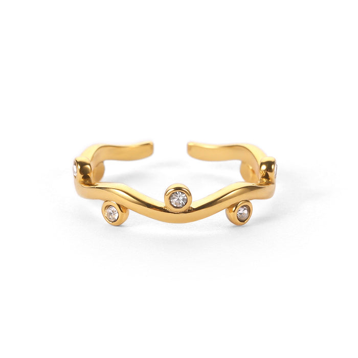 18K Gold Plated Leaf-Shape Open Ring with White Zircon - Women's Trendy Jewelry