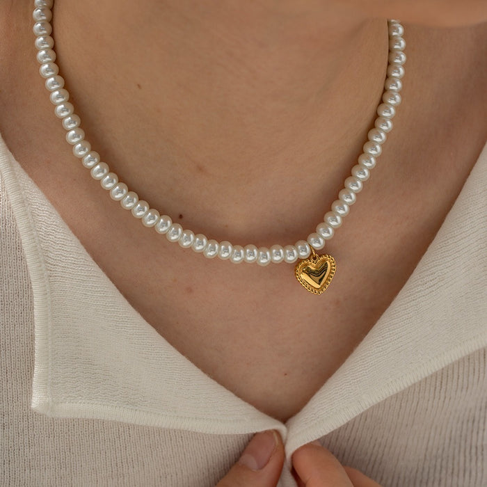 18K Gold-Plated Pearl Heart Pendant Necklace - Women's Fashion Jewelry