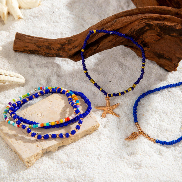 Blue Starfish and Multi-Layer Beaded Anklets - Bohemian Beach Vibes Ankle Bracelet Set