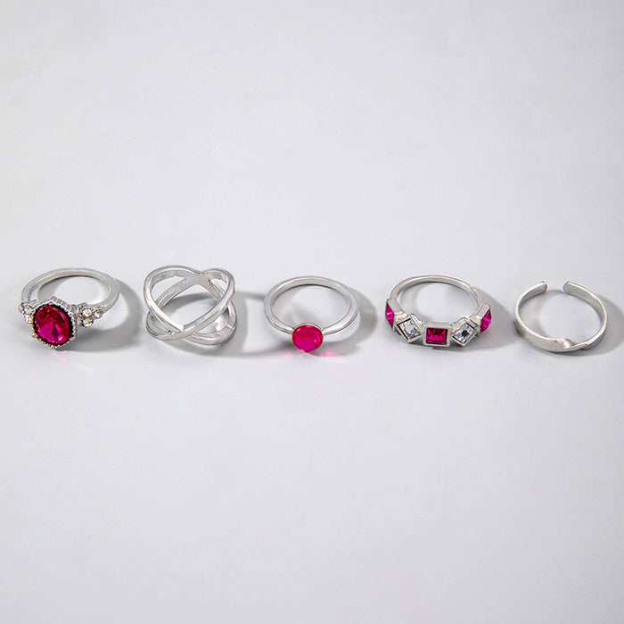 Luxury Gemstone Rhinestone Ring Set - Retro Geometric Open Five-Piece Set