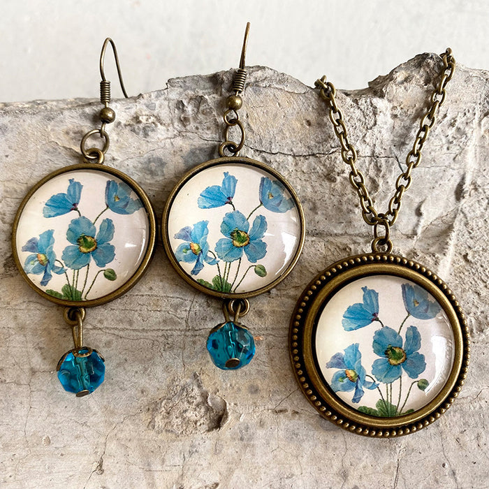 Vintage Sunflower Jewelry Set with Time Gemstone Necklace and Earrings - Bohemian Style