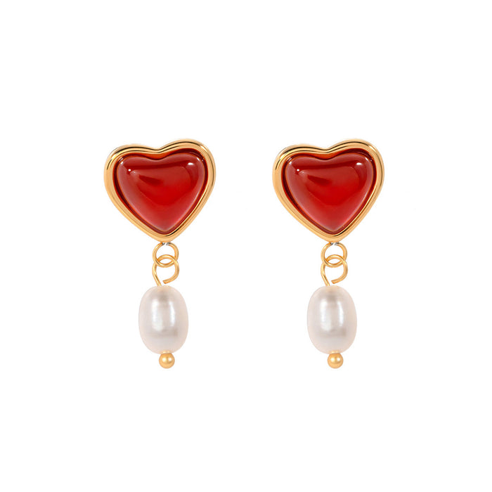 Pendientes de acero inoxidable chapados en oro de 18 quilates con forma de corazón y ágata roja: joyas únicas para mujer