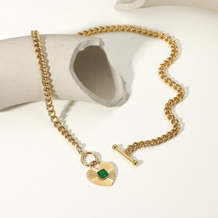 18K Gold-Plated Heart Pendant Necklace with Green Agate - Women's Fashion Jewelry