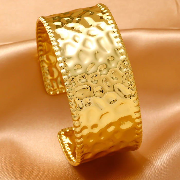Wholesale 304 Stainless Steel Wide Open Cuff Bracelets with Irregular Shapes, Striped Textures, and Floral/Scallop Embossing