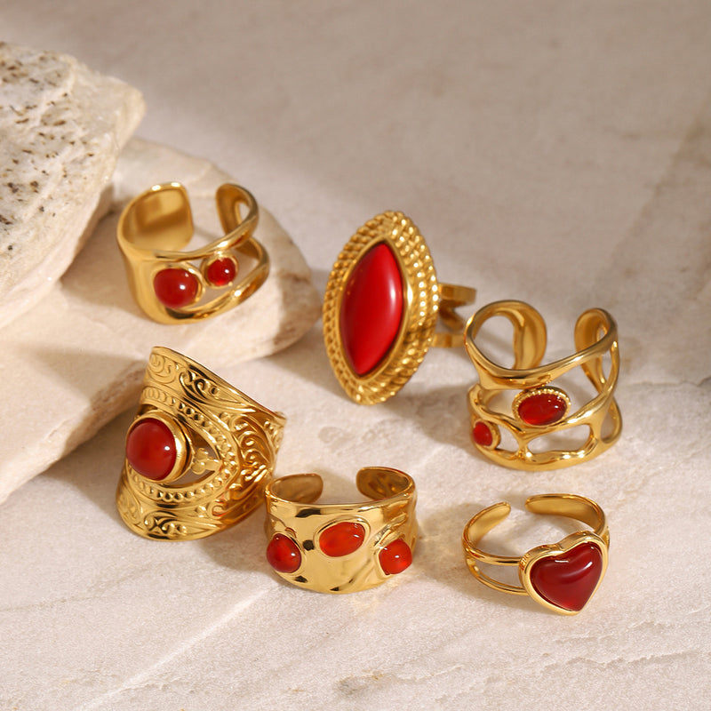Anillo abierto de ágata roja de acero inoxidable