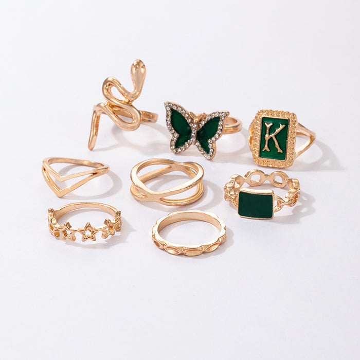 Green Snake and Butterfly Ring Set - 8-Piece Star Rings for Women