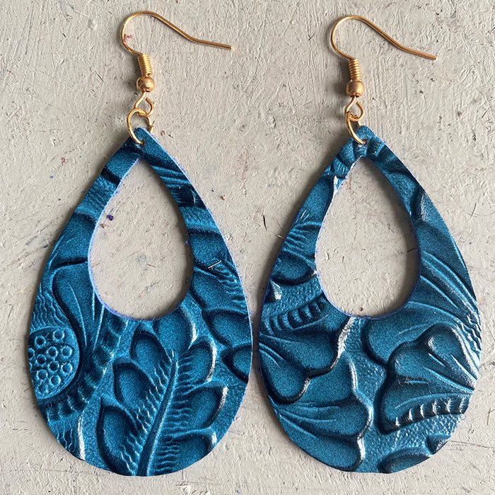 Classic Teardrop Cutout Embossed Leather Earrings with Vintage Style