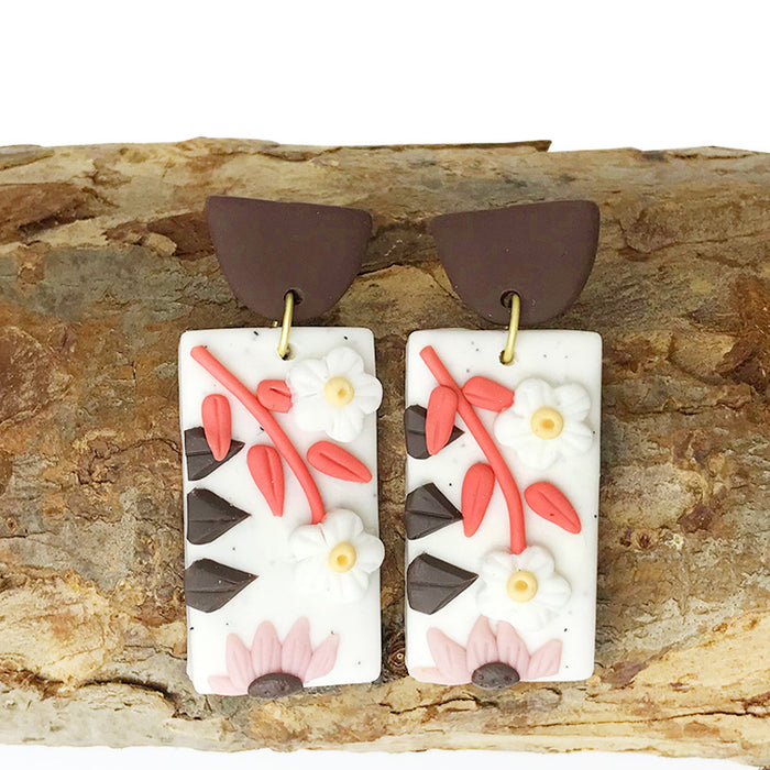 Handmade Geometric Clay Earrings - Modern Carved Design in Morandi Colors