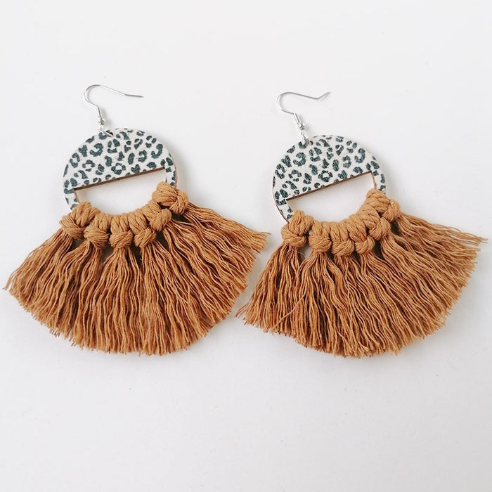 Bohemian Handwoven Tassel Fan-Shaped Earrings with Morandi Color and Leopard Print