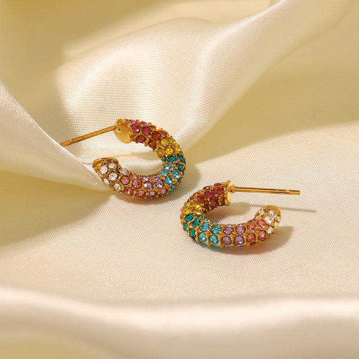 French Style New 18K Gold Plated Stainless Steel Earrings - Colorful Zircon Inlaid Hoop Jewelry for Women