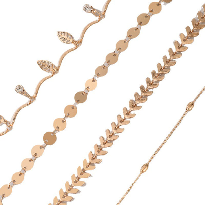 Leaf and Rhinestone Four-Layer Anklet with Geometric Multi-Layer Chain