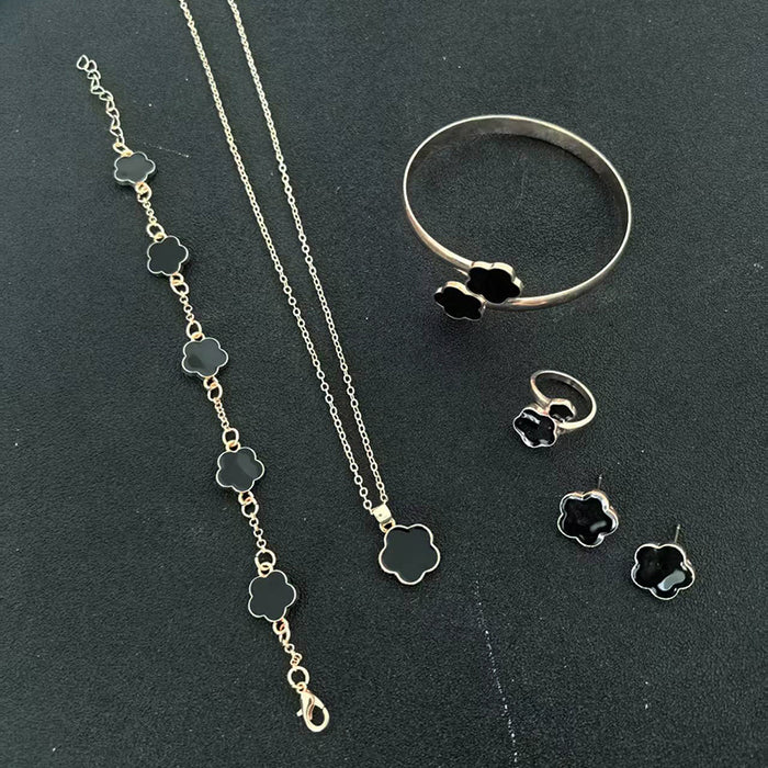 Wholesale 5-piece set of five-petal flower necklace, bracelet, bangle, earrings, and ring - wallojewerly 