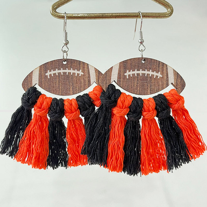 Sports Themed Woven Tassel Wooden Earrings for American Football Cheerleaders