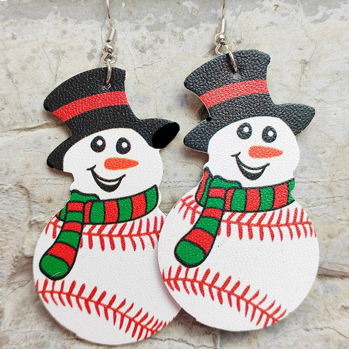 Christmas Snowman Leather Earrings with Sports Ball Design