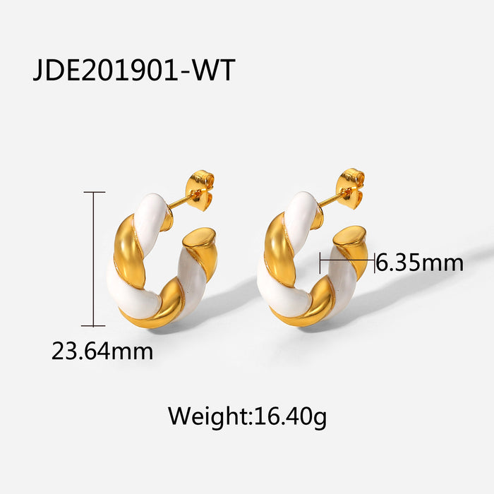 European Trending 18K Gold Stainless Steel White Enamel Twisted C-Shaped Earrings - Fashionable Jewelry for Women