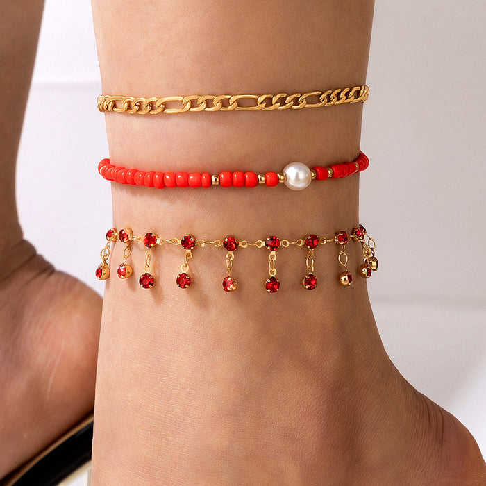 Red Tassel and Pearl Anklet with Alloy Beads and Multilayer Design