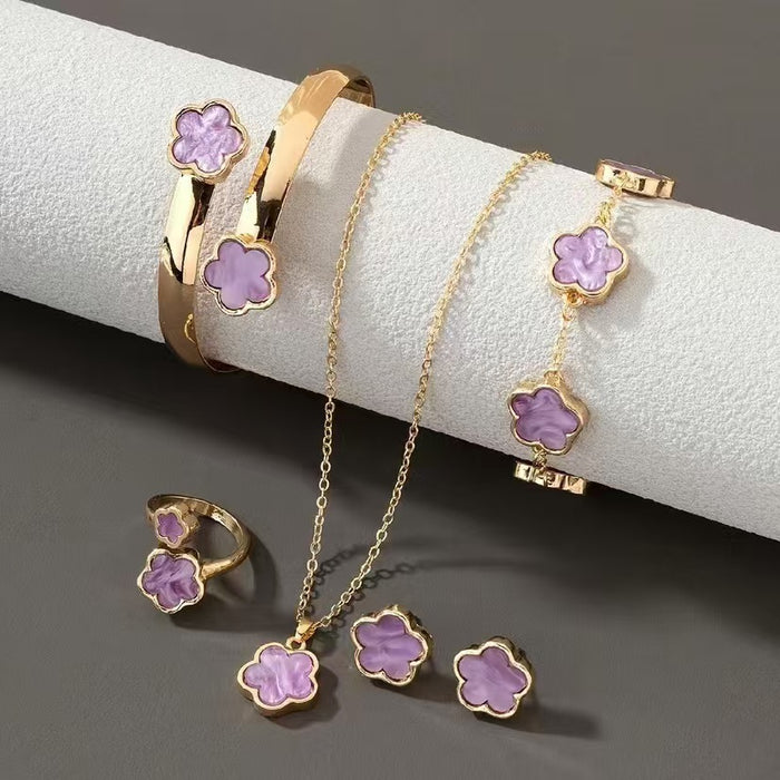 Wholesale 5-piece set of five-petal flower necklace, bracelet, bangle, earrings, and ring - wallojewerly 