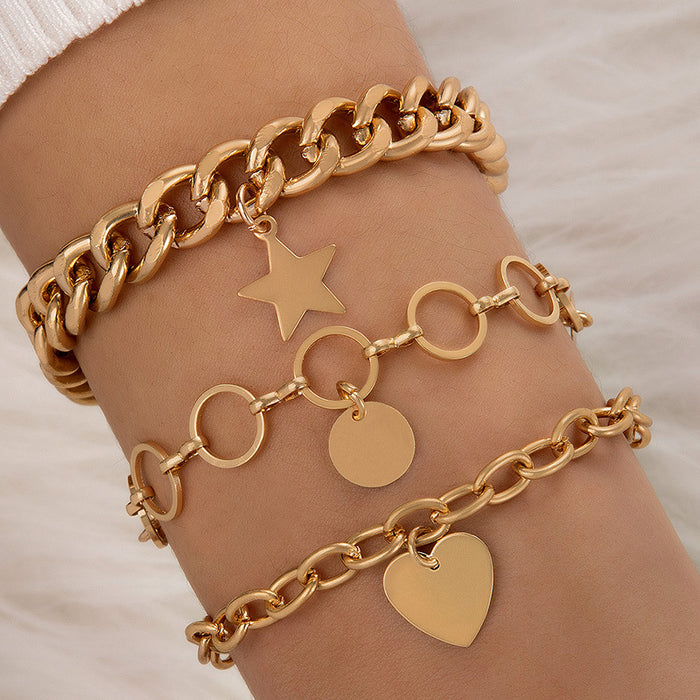 Conjunto de pulseras de cadena con forma de corazón y estrella: cuatro piezas de joyería exagerada para mujer