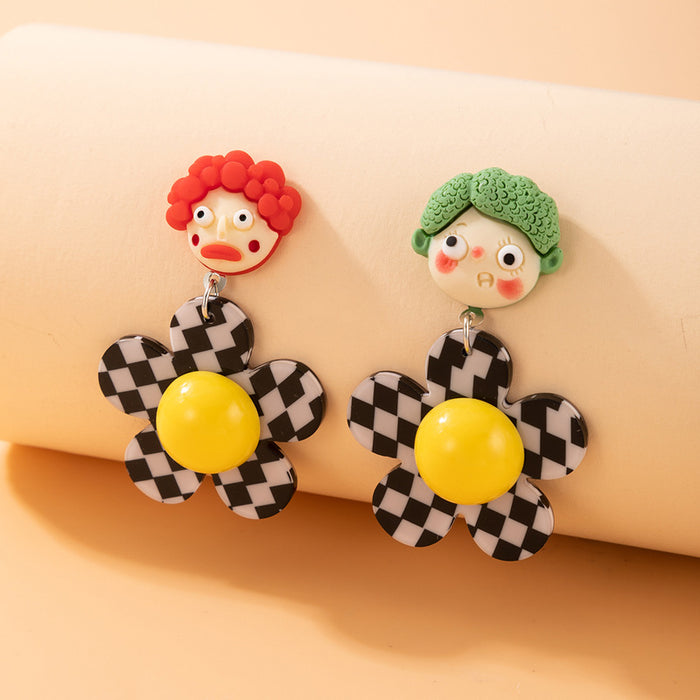 Checkerboard flower earrings cartoon resin human head earrings