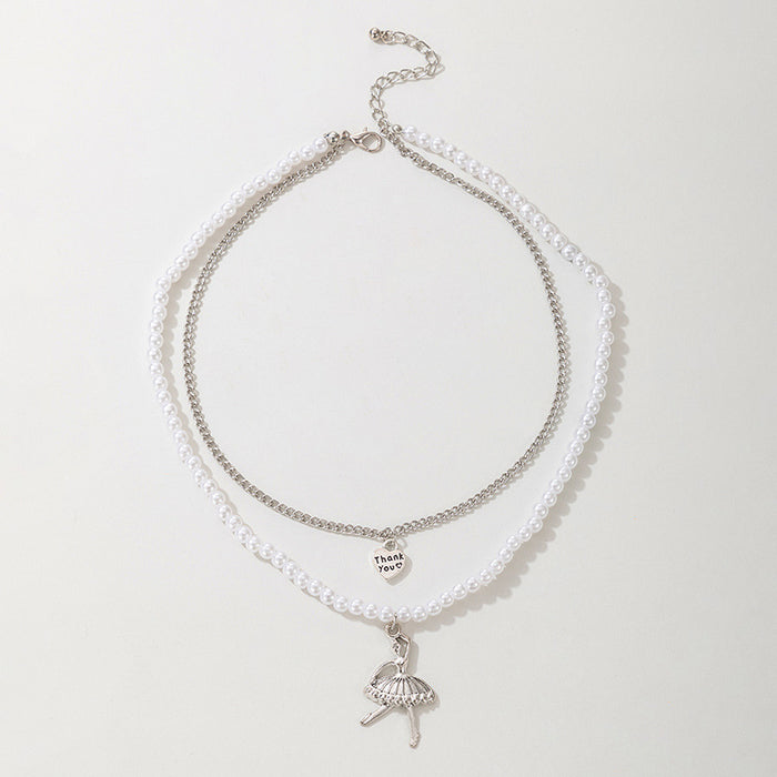 Ballet Dancer Pendant Necklace – Multi-Layer Pearl Chain