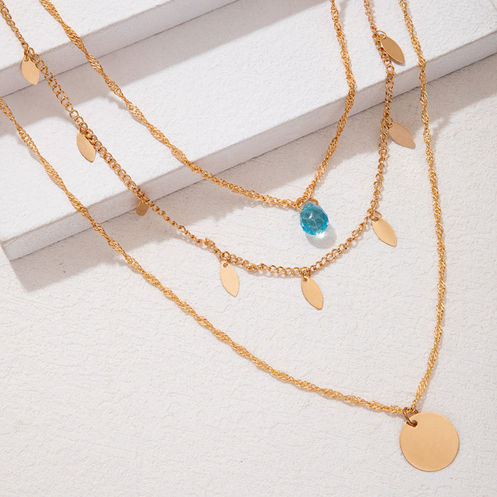 Water Drop & Leaf Layered Necklace - Minimalist Multi-Layer Chain for Women