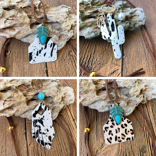 Western Cowboy Necklace with Turquoise and Pearl on Leather Cord - High-End Unique Style